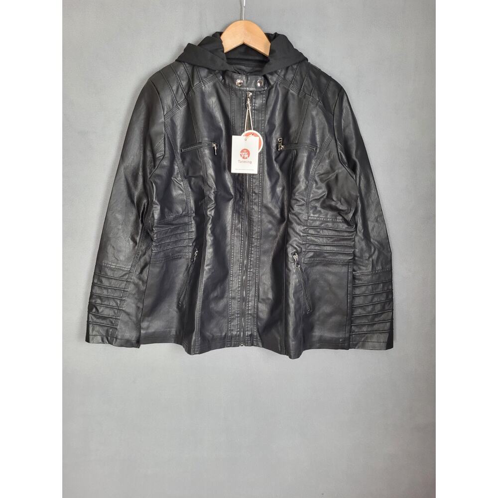 Tanming Women's Removable Hooded Faux Leather Jacket XXL